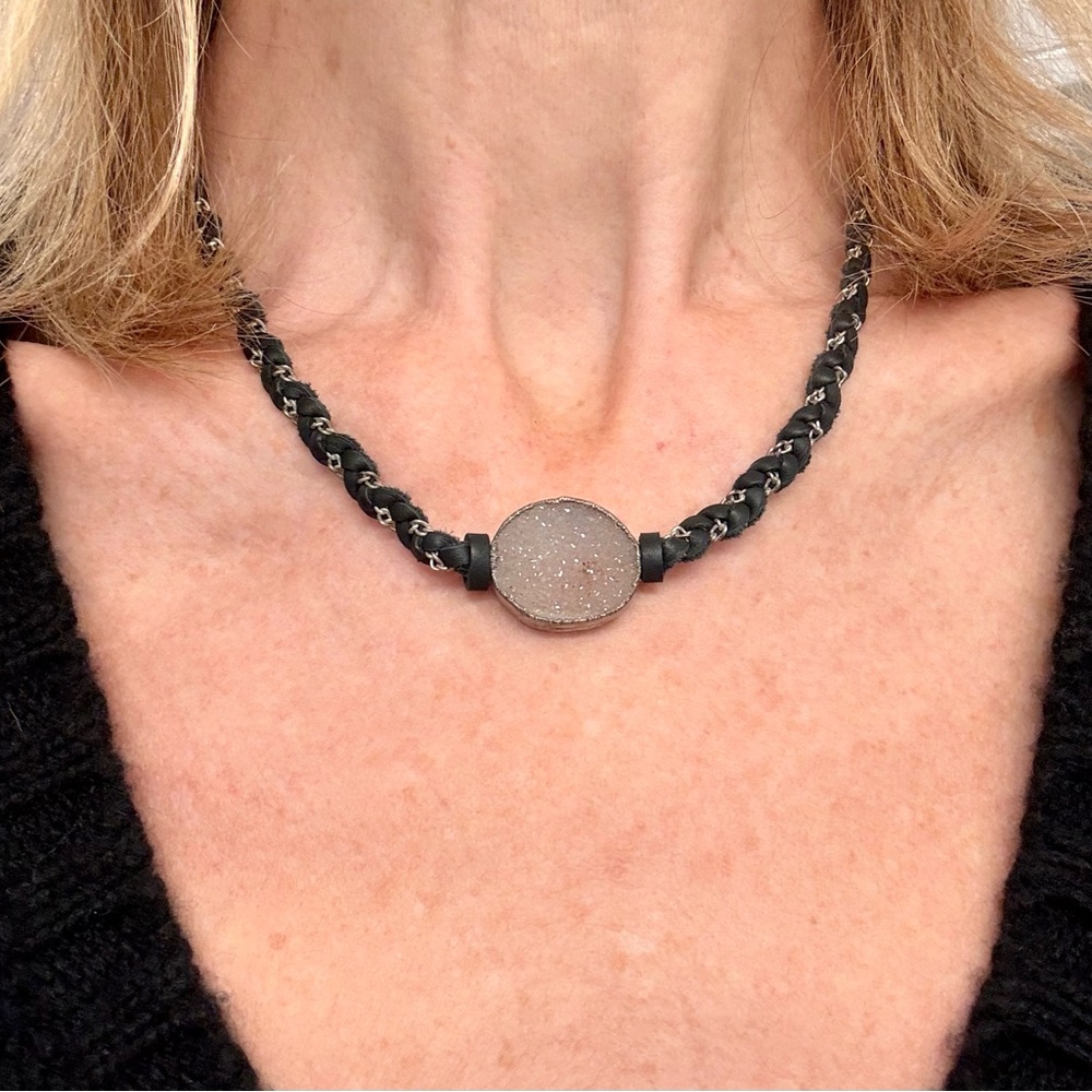 Necklace Sterling Silver Vermeil Druzy Crystal leather necklace, bracelet NEW